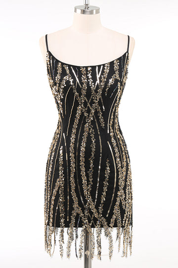 Black Golden Spaghetti Straps Sequins Bodycon 1920s Dress with Fringes